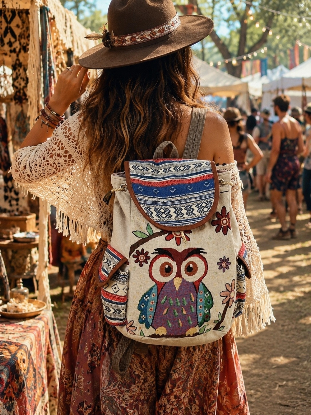 Boho Owl Canvas Backpack Tribal Print Festival Cottagecore Bookbag Travel